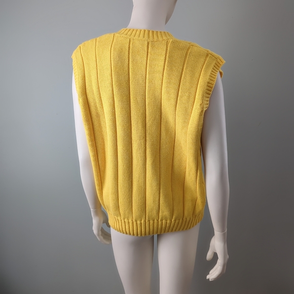Rare! Vintage 90s Liz Claiborne Lemon Yellow Cotton Ribbed V Neck Sweater Vest L - Picture 5 of 6